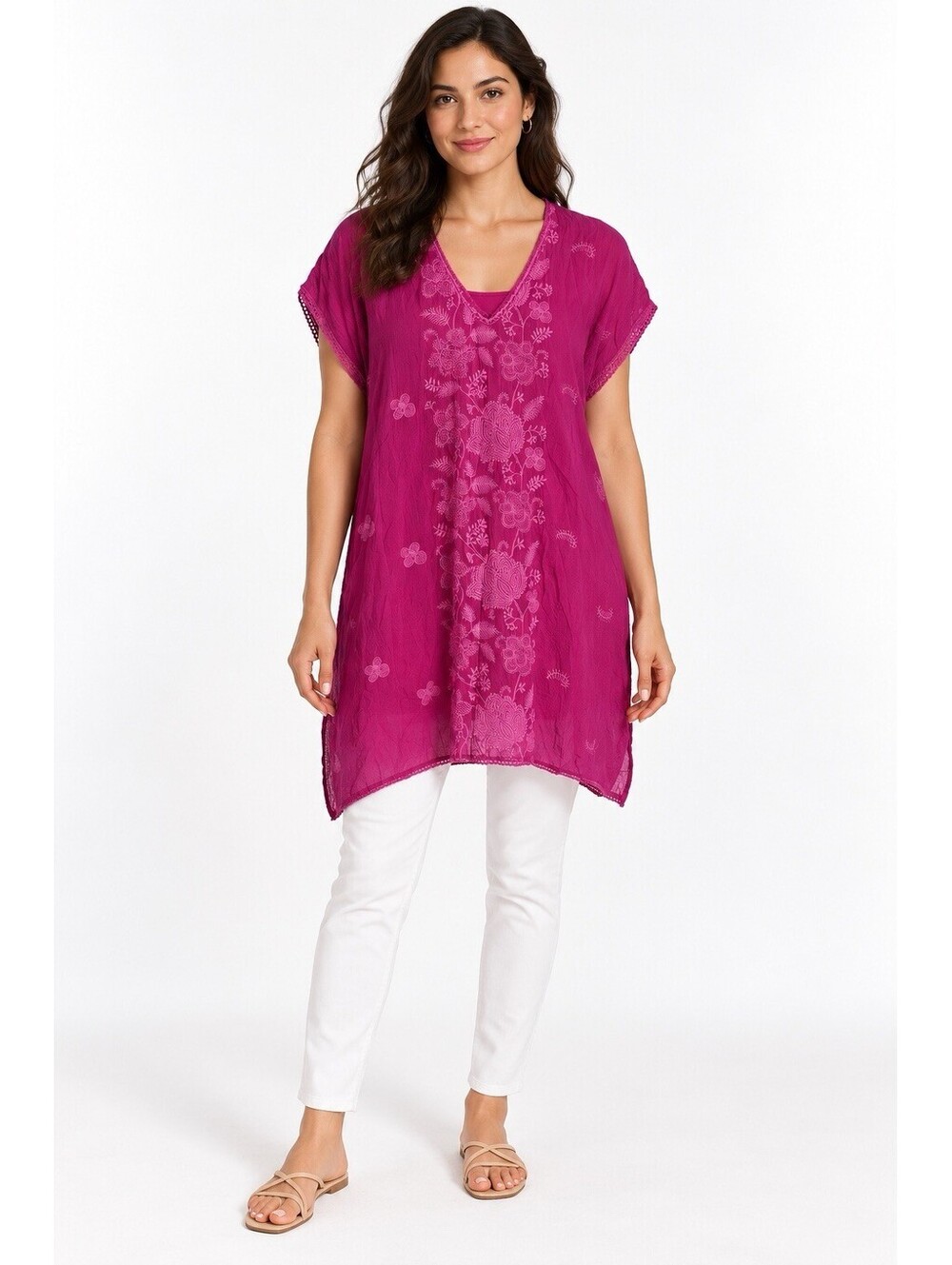 Johnny Was Magenta Pink Embroidered Cupra Rayon Tunic Blouse
